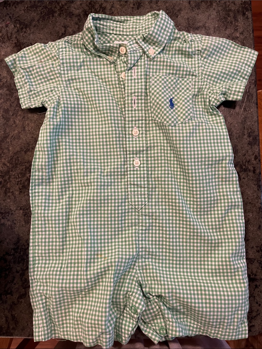 Ralph Lauren Light Green Gingham Baby Romper
